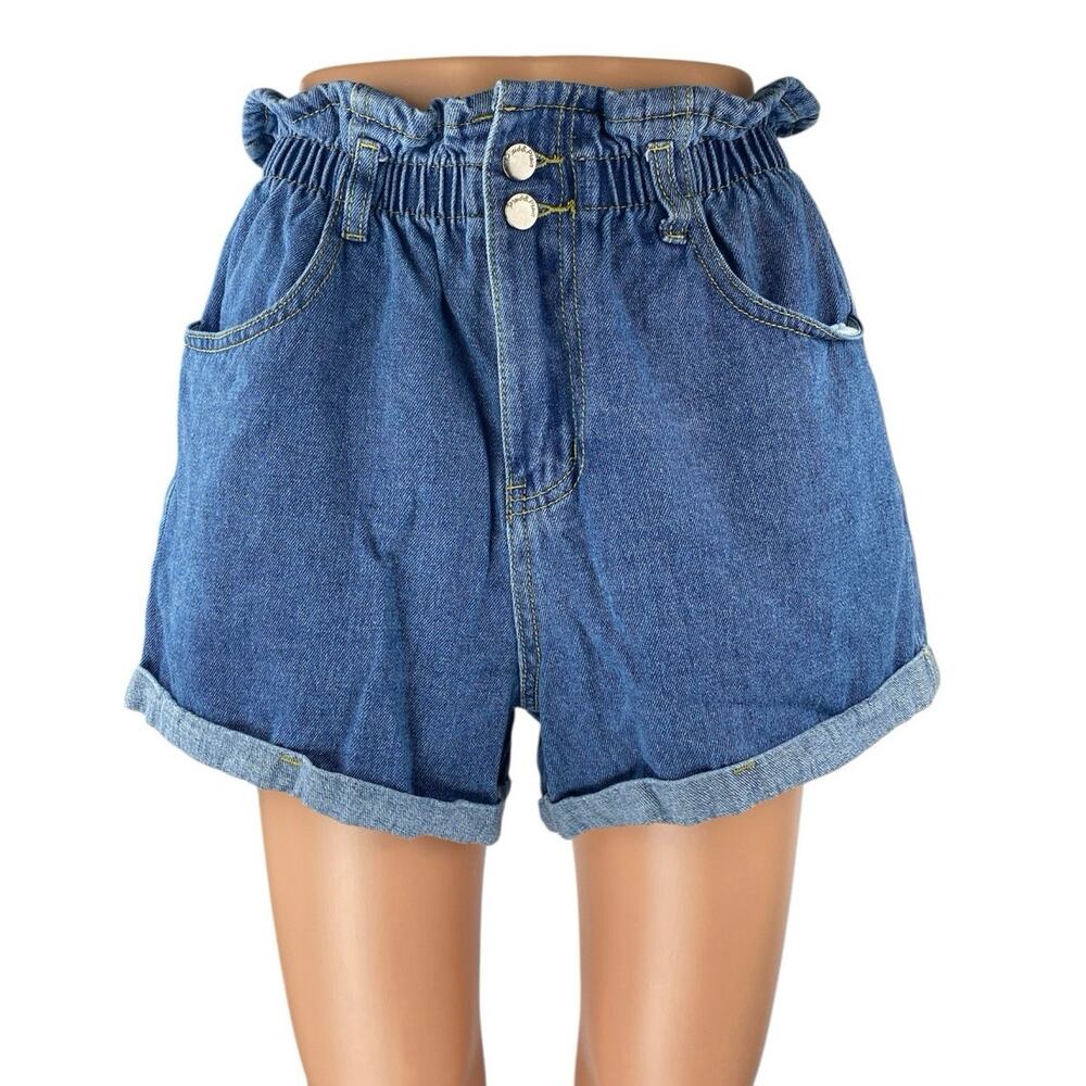 Plaid & Plain Women's Blue High Rise Paperbag Cuffed Denim Jean Shorts Size M